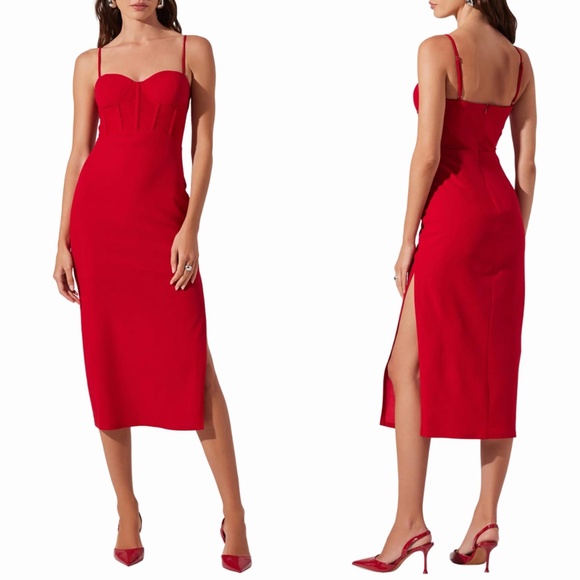 NEW ASTR The Label RED Contrast Mesh BUSTIER Stretchy COCKTAIL Midi Slit DRESS S - Picture 1 of 10